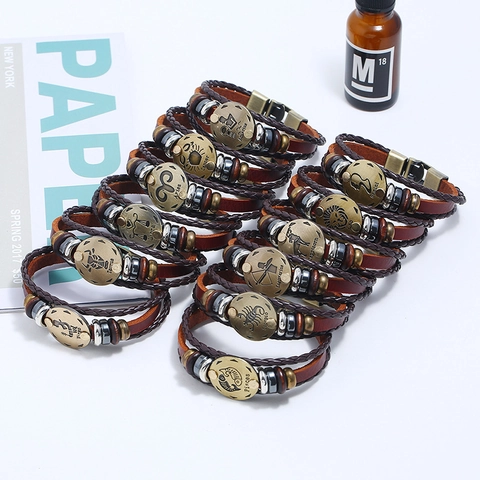 Bracciale Vintage in Pelle Intrecciata a Mano con Segni Zodiacali per Uomo Donna Punk Bracciale Multistrato in Pelle di Vacchetta