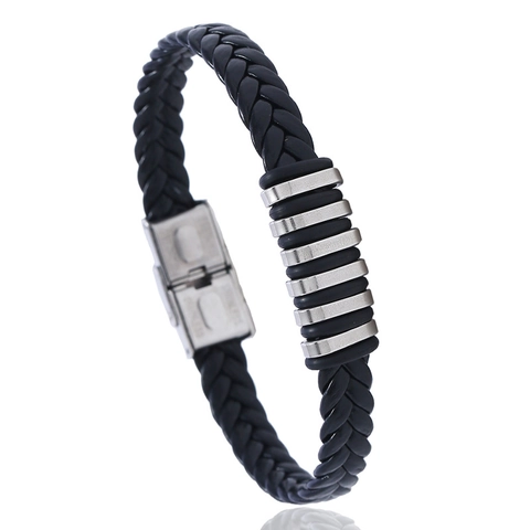 Punk Titaniumstaal Gevlochten PU Leren Armband Voor Heren Geometrische Metalen Ringen Verstelbare Mode Sieraden Zwart Zilver
