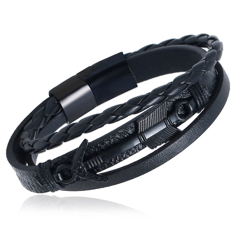 Vintage Punk Mehrlagiges Rindsleder Armband Für Herren Edelstahl Magnetverschluss Geflochtenes Handgelenkband Pfeil Schmuck