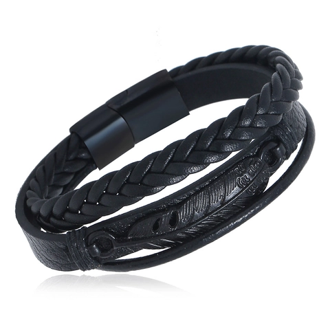 Men Multi Layer Woven Leather Bracelet Titanium Steel Feather Charm Magnetic Clasp Retro Punk Jewelry Gift For Men