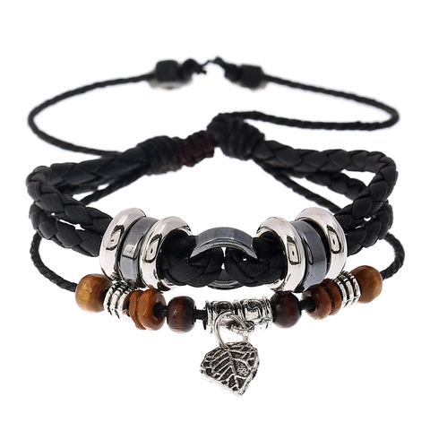 Bracciale Multistrato Intrecciato in Pelle PU Retro per Uomo Con Ciondolo Foglia in Lega e Grani di Legno Gioielli Regolabili
