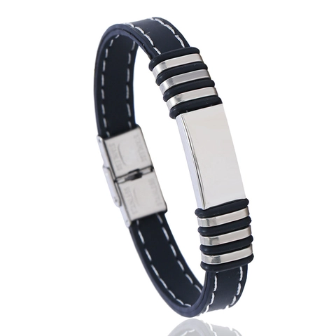 Bracelet Homme en Acier Inoxydable et Silicone Mode Sport Plaque Métallique Polie Poignet Noir Argent Bijoux pour Homme Cadeau