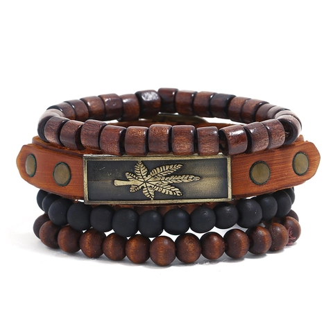 Bracciale in Pelle di Vacchetta Retrò Multistrato Perline di Legno Intrecciate Pendente Foglia Polsino Punk Gioielli Unisex