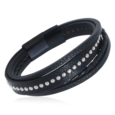 Men Punk Multi-layer Stainless Steel Leather Bracelet Woven Rope With Silver Rivets Black Magnetic Clasp Fashion Jewelry Gift