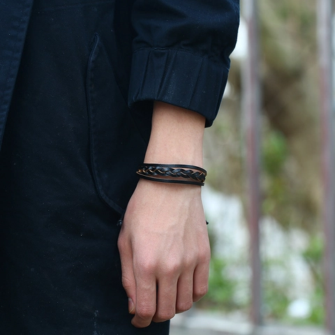 Vintage Multi Layer Braided Artificial Leather Bracelet For Men Adjustable Wax Cord Handmade Wrap Wristband Men Jewelry