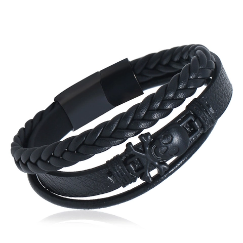 Herren Punk Leder Armband Totenkopf Edelstahl Magnetverschluss Mehrlagig Geflochten Gothic Rock Biker Schmuck Für Herren Geschenk