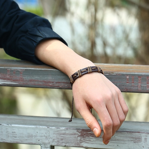 Handmade Cowhide Leather Weaving Bracelet Retro Punk Style Adjustable Wax Rope Cord Ethnic Jewelry For Men Women Unisex Gift