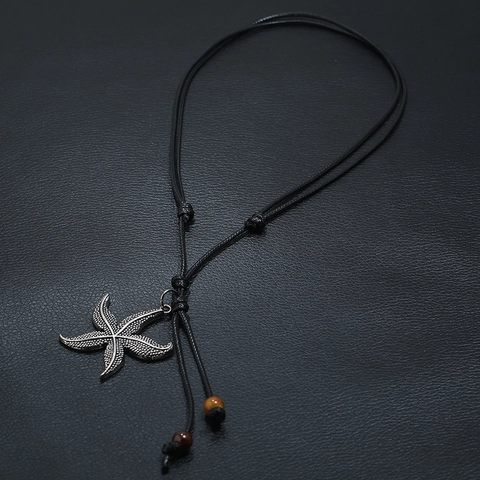 Collana con Ciondolo a Stella Marina Etnica Vintage per Uomo Donna in Lega Argento Antico Stella di Mare Cordino Cerato Gioielli