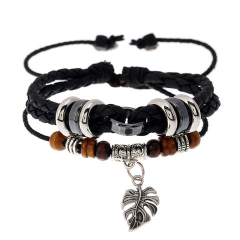 Retro Herren Mehrlagiges Geflochtenes PU Lederarmband Mit Holzperlen Metall Blattanhänger Verstellbarer Ethno-Schmuck