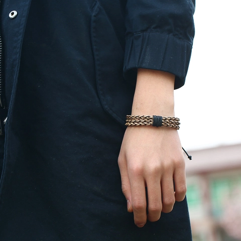 Pulsera de Cuero Artificial Trenzado Vintage para Hombre Ajustable Hecha a Mano Étnica Punk Cordón Tejido Pulsera Joyería Accesorio