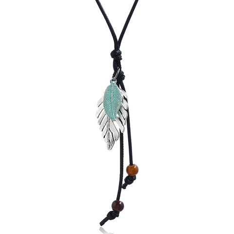 Collana con Pendente a Foglia in Lega Vintage Punk per Uomo Donna Retro Piuma a Strati Catena per Maglione in Corda di Cera Lunga