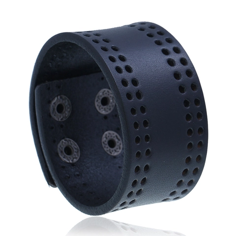 Bracciale Polsino Largo da Uomo Punk Retrò Invecchiato in Pelle di Vacchetta con Motivo a Traforo e Fibbia in Metallo Regolabile
