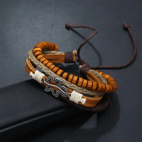 Vintage Multi Layer Cowhide Leather Bracelet For Men Braided Rope Wood Beads Leaf Alloy Charm Adjustable Wrap Bracelet Jewelry