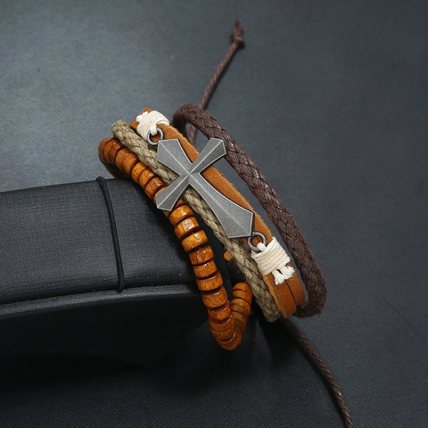 Bracciale Multistrato in Pelle di Vacchetta per Uomo Donna Corda in Canapa Intrecciata Perline in Legno Croce Gioielli Punk