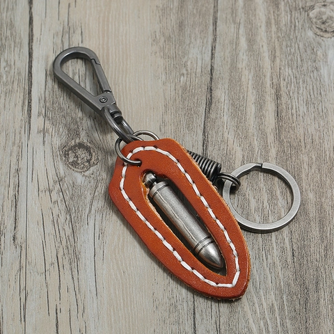 Vintage Rindsleder Schlüsselanhänger Für Herren Retro Punk Metall Gewehrkugel Anhänger Schlüsselring Handgefertigter Industrielook