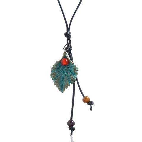 Collana Lunga con Ciondolo a Foglia in Lega Etnica Vintage per Donna Finitura Bronzo Blu Verde Catena da Maglione Boho