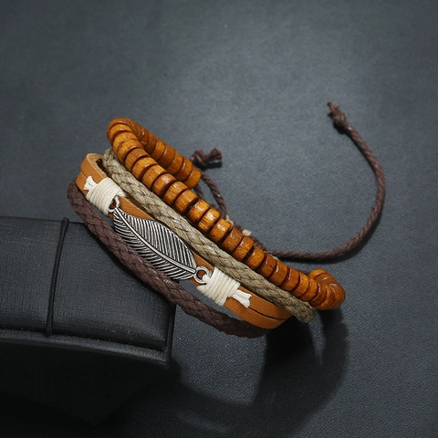Vintage Mehrlagig Rindsleder Armband Herren Handgewebt Holzperle Legierung Blatt Anhänger Hanfseil Boho Schmuck