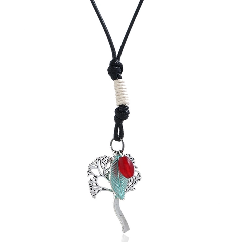 Collier Long avec Pendentif Arbre de Vie et Feuille en Alliage Rétro Bijoux Ethniques Bohèmes Cordon de Cire pour Femme