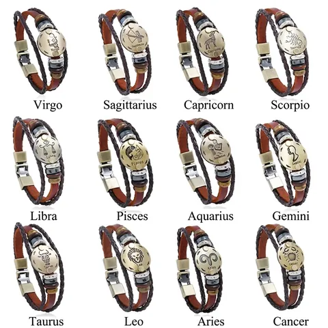 Bracciale Vintage in Pelle Intrecciata a Mano con Segni Zodiacali per Uomo Donna Punk Bracciale Multistrato in Pelle di Vacchetta