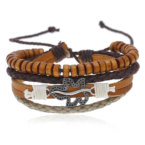 Vintage Multi Layer Cowhide Leather Bracelet For Men Braided Rope Wood Beads Leaf Alloy Charm Adjustable Wrap Bracelet Jewelry