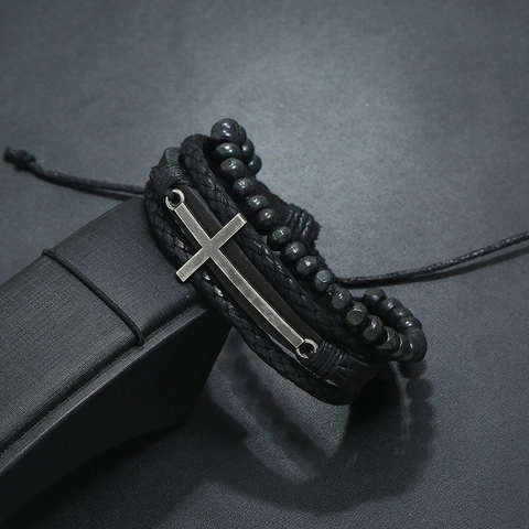 Pulsera de Cuero Multicapa Vintage Punk con Cruz para Hombre Cuentas de Madera Negras Trenzada Ajustable Amuleto de Cruz de Aleación