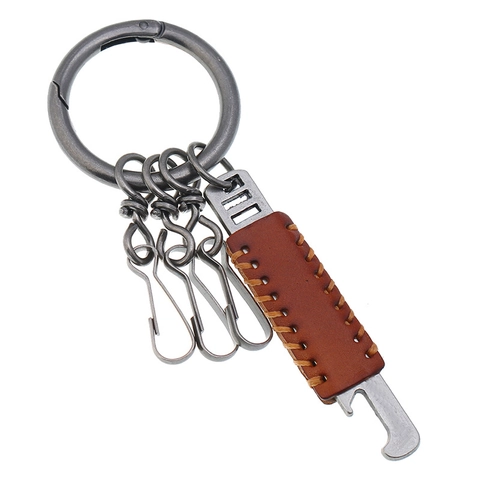Vintage Cowhide Leather Alloy Keychain For Men Multifunctional Bottle Opener Punk Style Hand Stitched Key Ring Accessories