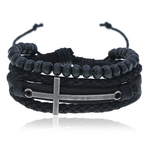 Pulsera de Cuero Multicapa Vintage Punk con Cruz para Hombre Cuentas de Madera Negras Trenzada Ajustable Amuleto de Cruz de Aleación