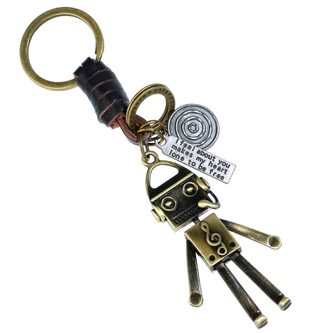 Vintage Punk Roboter Schlüsselanhänger Für Herren Handgeflochten Rindsleder Bronze Legierung Schlüsselring Gravur Anhänger Schmuck