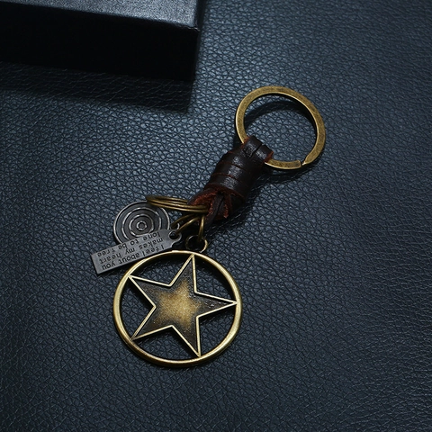 Llavero de Cuero Vintage de Estrella Tejido a Mano Piel de Vaca Colgante de Aleación de Bronce Accesorio Unisex Regalo