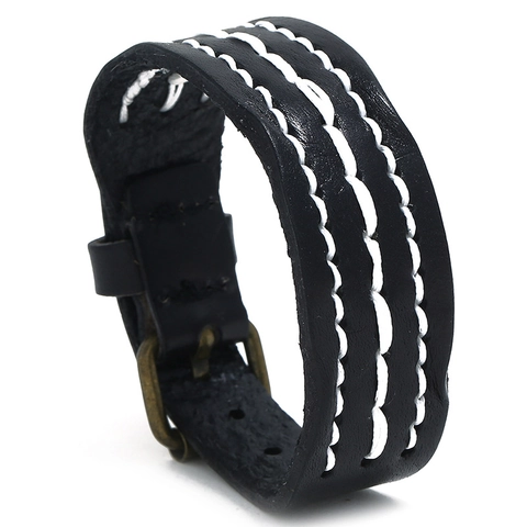 Bracciale da Uomo Vintage in Pelle di Vacchetta Con Cuciture a Contrasto Fibbia in Lega Retrò Cinturino Largo Punk Gioielli