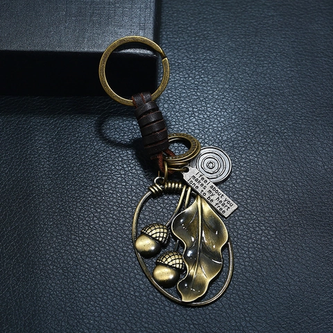 Vintage Metal Acorn Leaf Leather Keychain Retro Key Ring Pendant For Men Women Car Key Bag Hanging Decorative Accessory