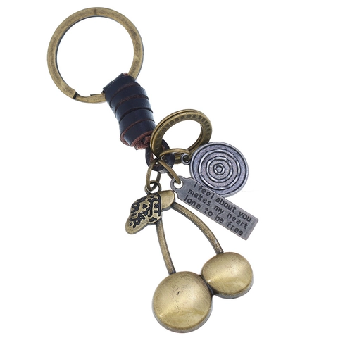 Portachiavi Intrecciato in Vera Pelle e Lega di Zinco Vintage Ciondolo a Ciliegia in Bronzo Anello per Uomo Donna Accessorio Borsa