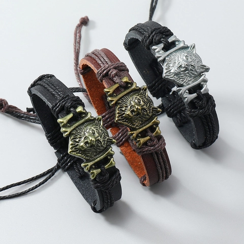 Vintage Punk Braided Faux Leather Bracelet Men Women Antique Bronze Alloy Wolf Head Bone Charm Woven Adjustable Wristband