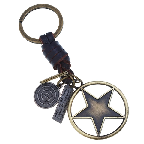 Llavero de Cuero Vintage de Estrella Tejido a Mano Piel de Vaca Colgante de Aleación de Bronce Accesorio Unisex Regalo