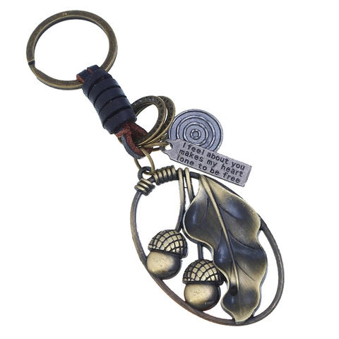 Vintage Metal Acorn Leaf Leather Keychain Retro Key Ring Pendant For Men Women Car Key Bag Hanging Decorative Accessory