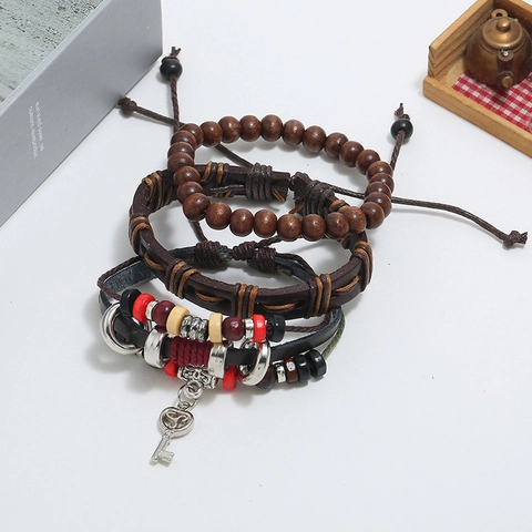 Herren Vintage Gewebtes Leder Armband Set Holzperlen Böhmisch Legierung Schlüsselanhänger Mehrlagiger Ethno Schmuck Armreif