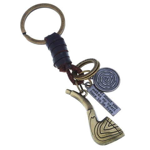Portachiavi in Vera Pelle Intrecciata Vintage Ciondolo a Forma di Pipa in Lega di Bronzo Anello per Chiavi Auto Uomo Donna Retro