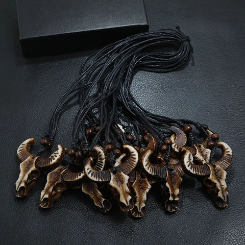 Retro Bull Skull Pendant Necklace Resin Faux Bone Handwoven Rope Wood Beads Adjustable Tribal Ethnic Jewelry For Men Women