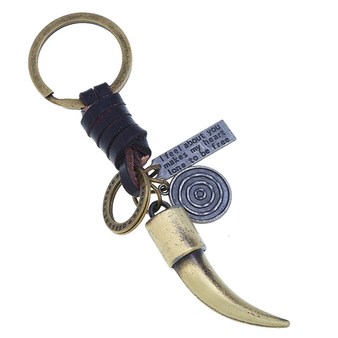 Vintage Woven Cowhide Leather Keychain Alloy Horn Tusk Pendant Punk Style Key Ring For Bag Charm Men Women Retro Accessory