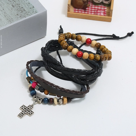 Vintage Multilayer Leather Woven Bracelets Wood Beads Hemp Rope Alloy Cross Pendant For Men Bohemian Ethnic Retro Style