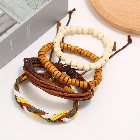 Handmade Braided Leather Wood Bead Bracelets Multilayer Bohemian Ethnic Adjustable Hemp Rope Jewelry For Men Women