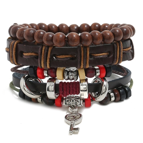 Herren Vintage Gewebtes Leder Armband Set Holzperlen Böhmisch Legierung Schlüsselanhänger Mehrlagiger Ethno Schmuck Armreif