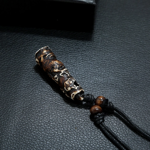 Vintage Herren Ethno Harz Stierkopf Anhänger Halskette Mit Holzperlen Verstellbare Schwarze Wachskordel Stammesstil Schmuck