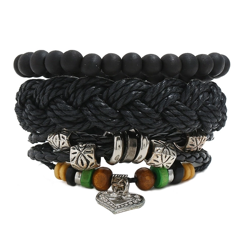 Vintage Punk Braided Synthetic Leather Bracelet Set For Men Handcrafted Wood Beads Alloy Heart Pendant Multilayer Jewelry
