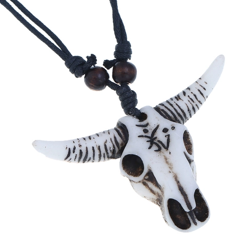 Vintage Tribal Bull Head Skull Pendant Necklace Hand-Woven Resin Ethnic Boho Bone Look Jewelry For Men Women Daily Decor