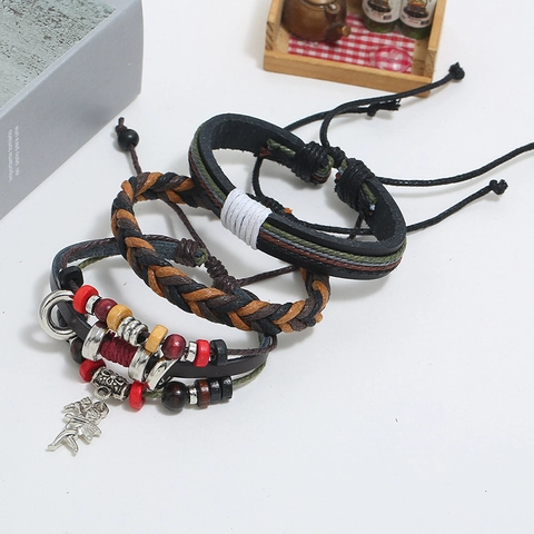 Vintage Woven Genuine Leather Bracelet Multilayered Bohemian Cord Bracelet With Angel Pendant Wood Beads For Men Punk Jewelry