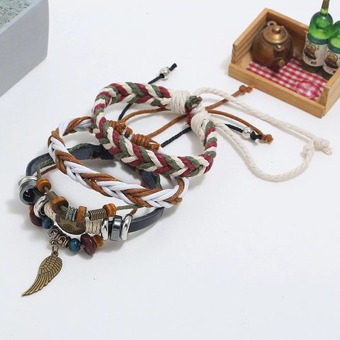 Men Punk Multi Layer Braided Leather Bracelet Combination With Wood Beads Alloy Wing Pendant Bohemian Ethnic Jewelry