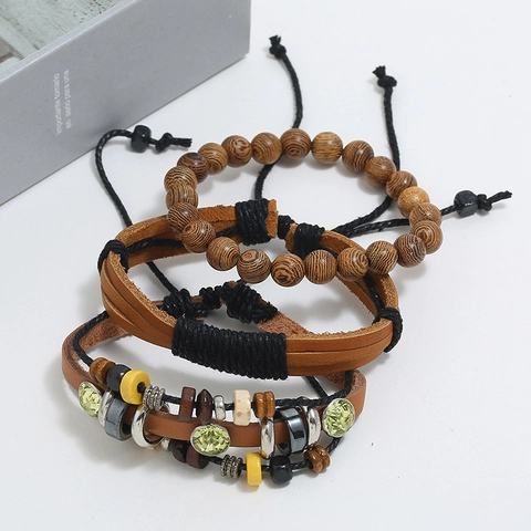 Vintage Multilayer Woven Cowhide Bracelet Set For Men Handmade Wood Bead Leather Wrap Bohemian Ethnic Adjustable Wristband Jewelry