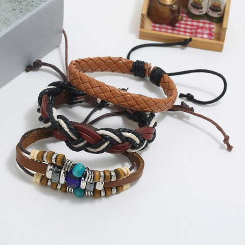 Vintage Woven Leather Bracelet Set For Men Bohemian Cowhide Wood Bead Adjustable Hemp Rope Combination Jewelry Accessories