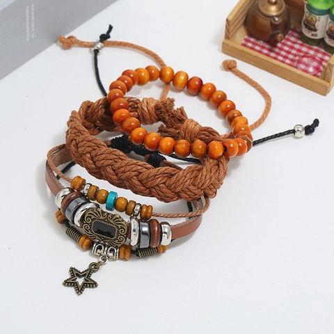 Vintage Ethnic Multi Layer Bracelet Collection Cowhide Leather Wood Beads Woven Hemp Rope Adjustable Star Charm Punk Men Jewelry